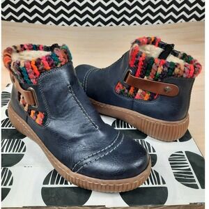 Rieker Antistress Womens Navy Blue Knit Collar Ankle Boots  Size 36 or 5.5